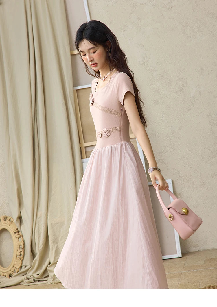 MISHOW Woven Patchwork Knitted Dress Female Summer 2025 French Waist Slim Long Dress Pink Round Neck Elegnat Dresses MXE36L2247