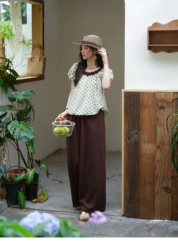 MISHOW 2025 Summer Women's Two Piece Set Polka Dot Puff Sleeve Top Casual Pocket Wide Leg Pants Set Female Clothing MXE39T0657