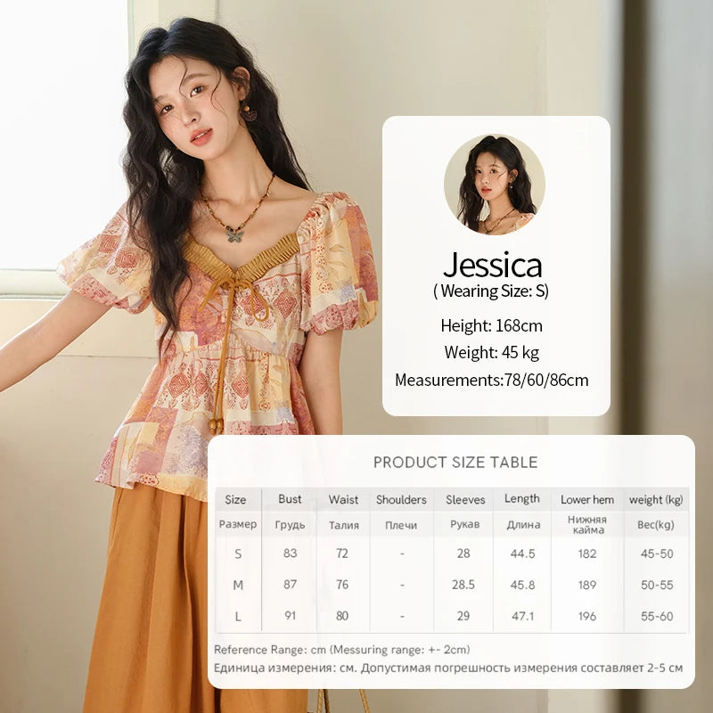 MISHOW V-neck Lace Up Patchwork Blouses for Woman 2025 Summer New Ladies Puff Sleeve Print Loose Top Female Clothing MXE38X1911