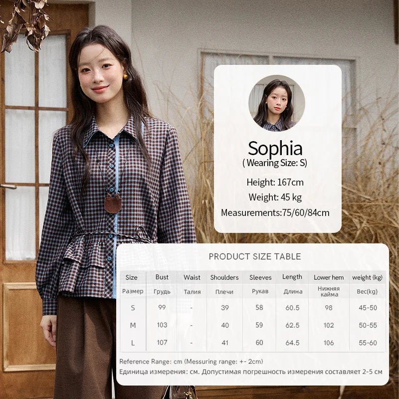 MISHOW Retro Blue Plaid Shirt for Women 2025 Autumn Winter Lapel Lantern Sleeves Ruffled Hem Top Slim Casual Shirt MXE89C2420