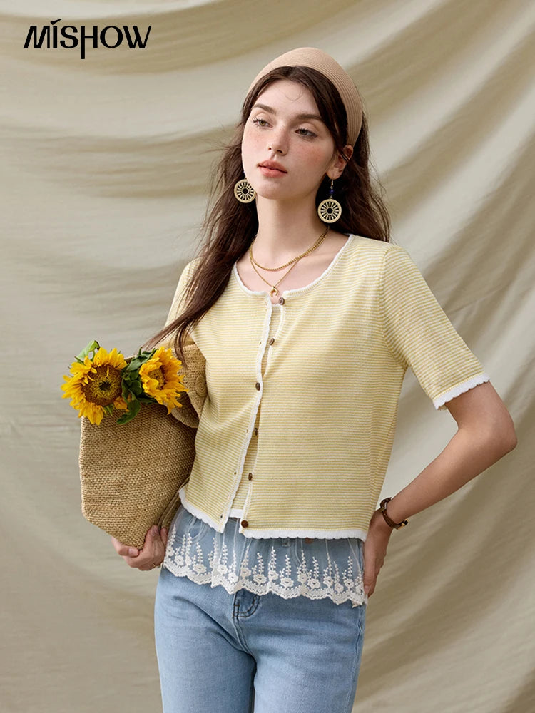 MISHOW Summer Camisole Cardigan Sets for Women 2025 Short Sleeve Round Neck Hem Lace Knitted Tops Female Fashion MXE33T0582