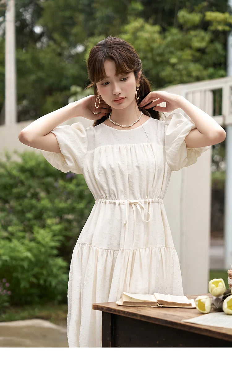 MISHOW French Draw String Waist Dress 2023 Summer Short Sleeve A-LINE Puff Sleeve O-Neck Pullover Elegant Solid Dress MXC38L1415