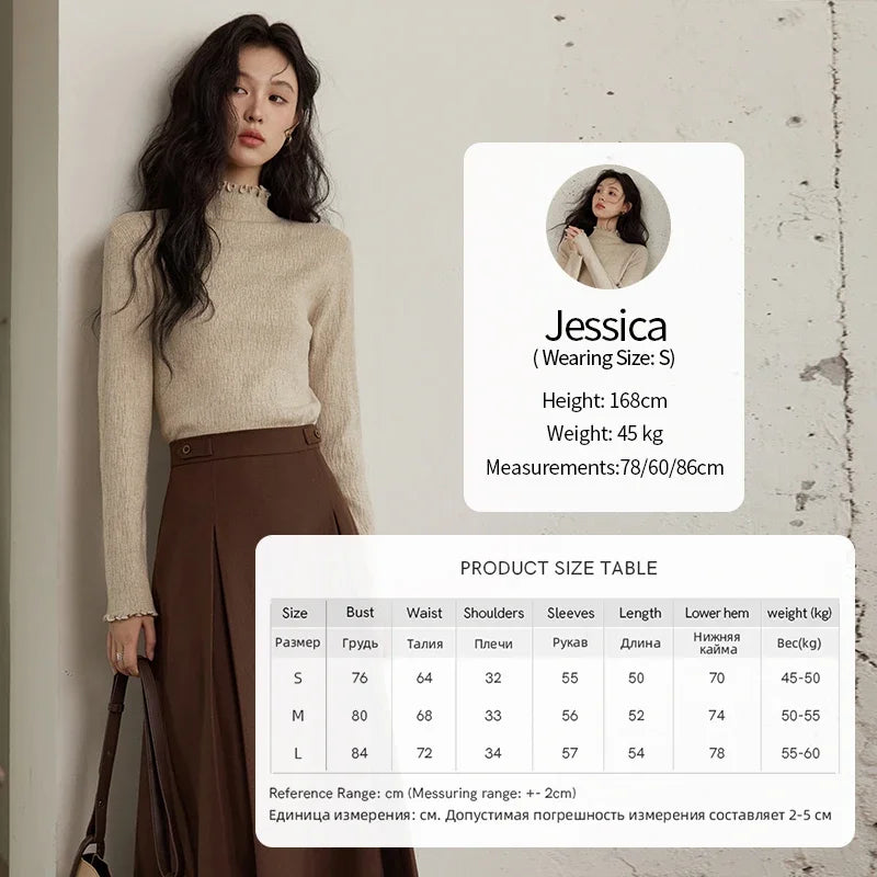 MISHOW Bottom Knitted Sweater Women Ruffled Edge High Collar Long Sleeve 2025 Winter Solid Slim Thin Internal Tops MXD48Z0850