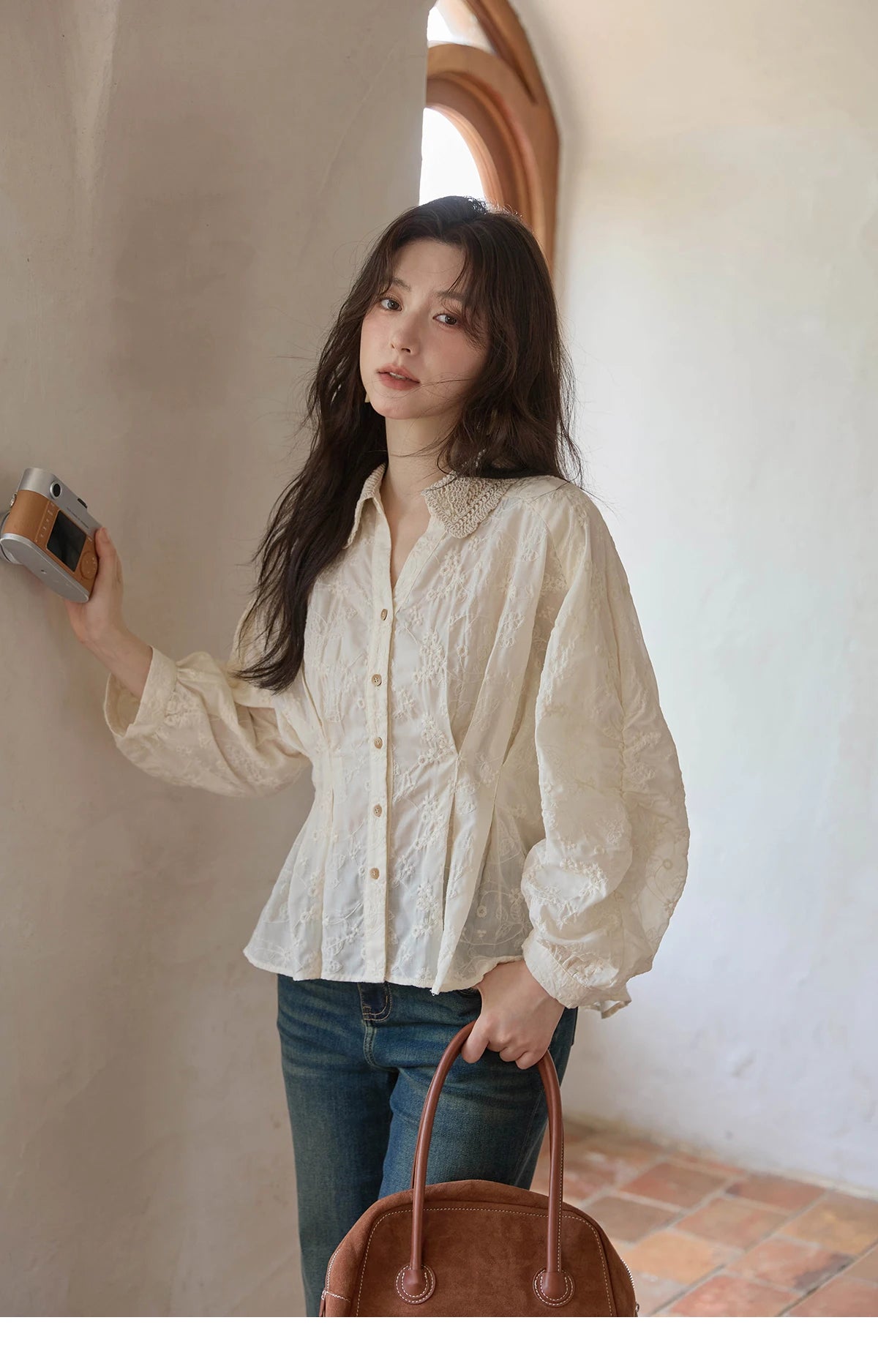 MISHOW Women's Lantern Sleeve Blouse 2025 Autumn French Lace Hollow Out Lapel Collar Shirts Waist Hem Ruffle Tops MXE42C2372