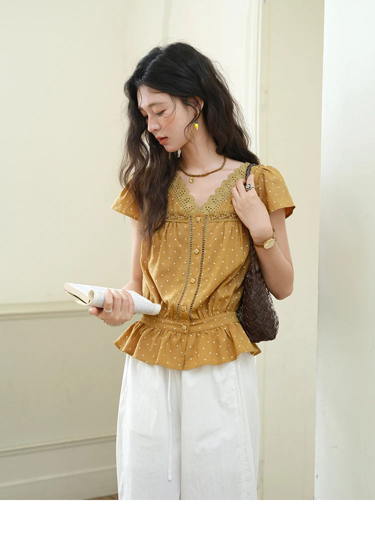 MISHOW Women's V-neck Lace Splicing Blouse 2025 Summer New Ladies Fashion Polka Dot Hollow Ruffle Button Female Top MXE38X1847