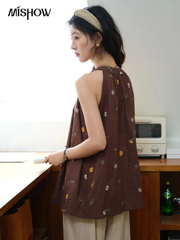 MISHOW Women's Two Piece Set 2025 Summer New Embroidery Hanging Neck Sleeveless Top Retro Khaki Wide Leg Pants Set MXE39T0713