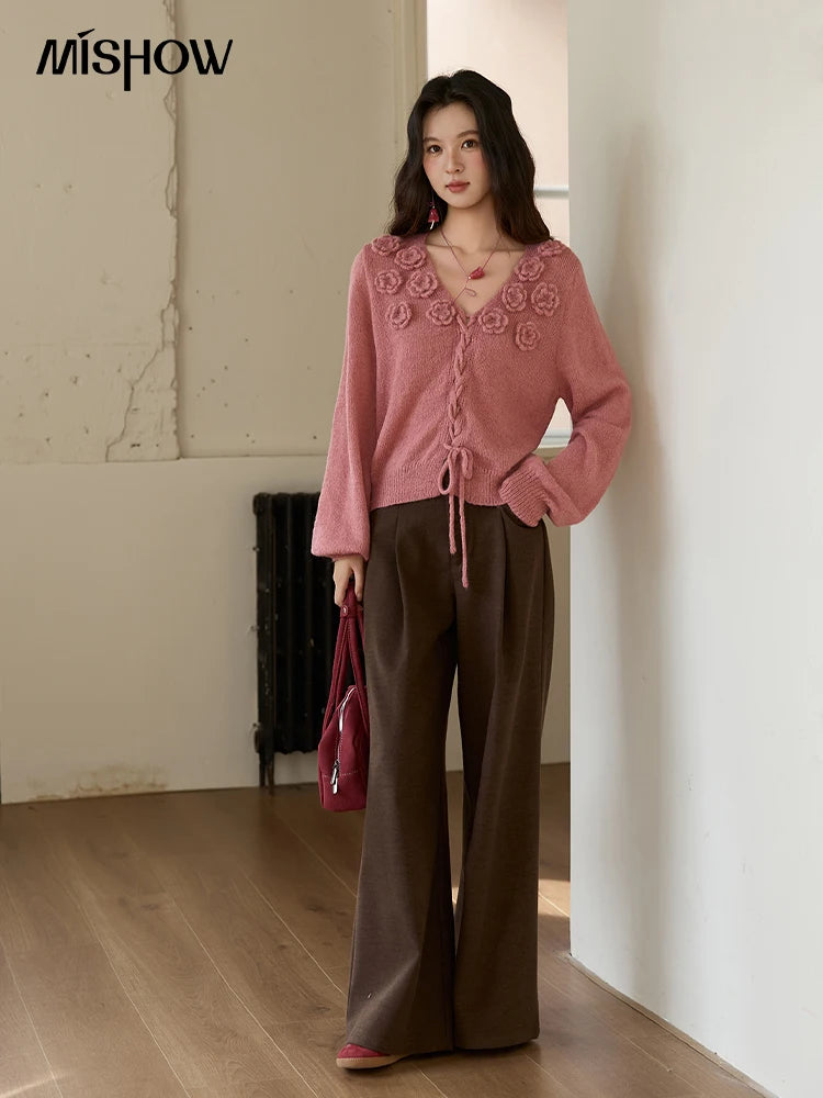 MISHOW V-Neck Sweater 2025 Autumn Winter French Loose Pink Three-Dimensional Rose Knitted Pullovers Long-sleeved Tops MXE88Z2708