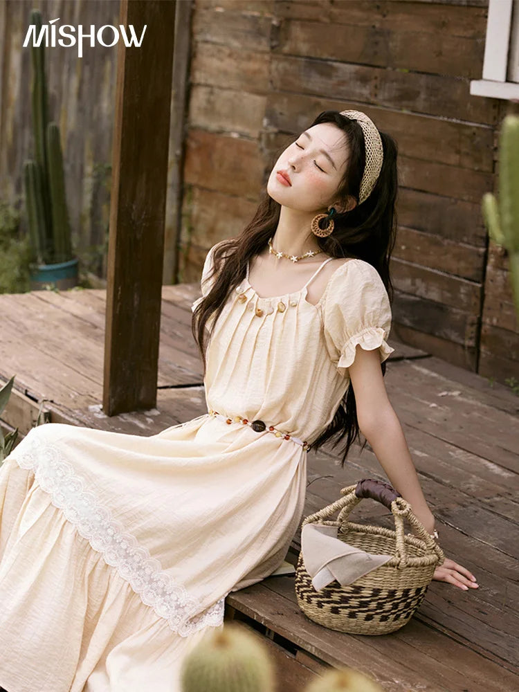 MISHOW French Holiday Summer Dresses Women Summer 2025 Short Sleeve Halter Neck Off-shoulder Long Dress Female New MXE31L2190