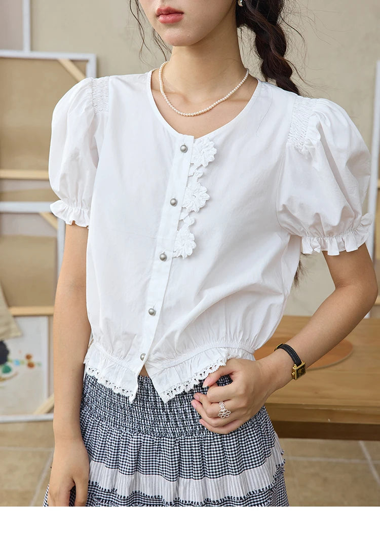 MISHOW Sweet Lace Pufff Sleeve Shirt Summer 2025 Flower Single Breasted Buttons Short Shirts Hem Elastic Waist Tops MXE34X1820
