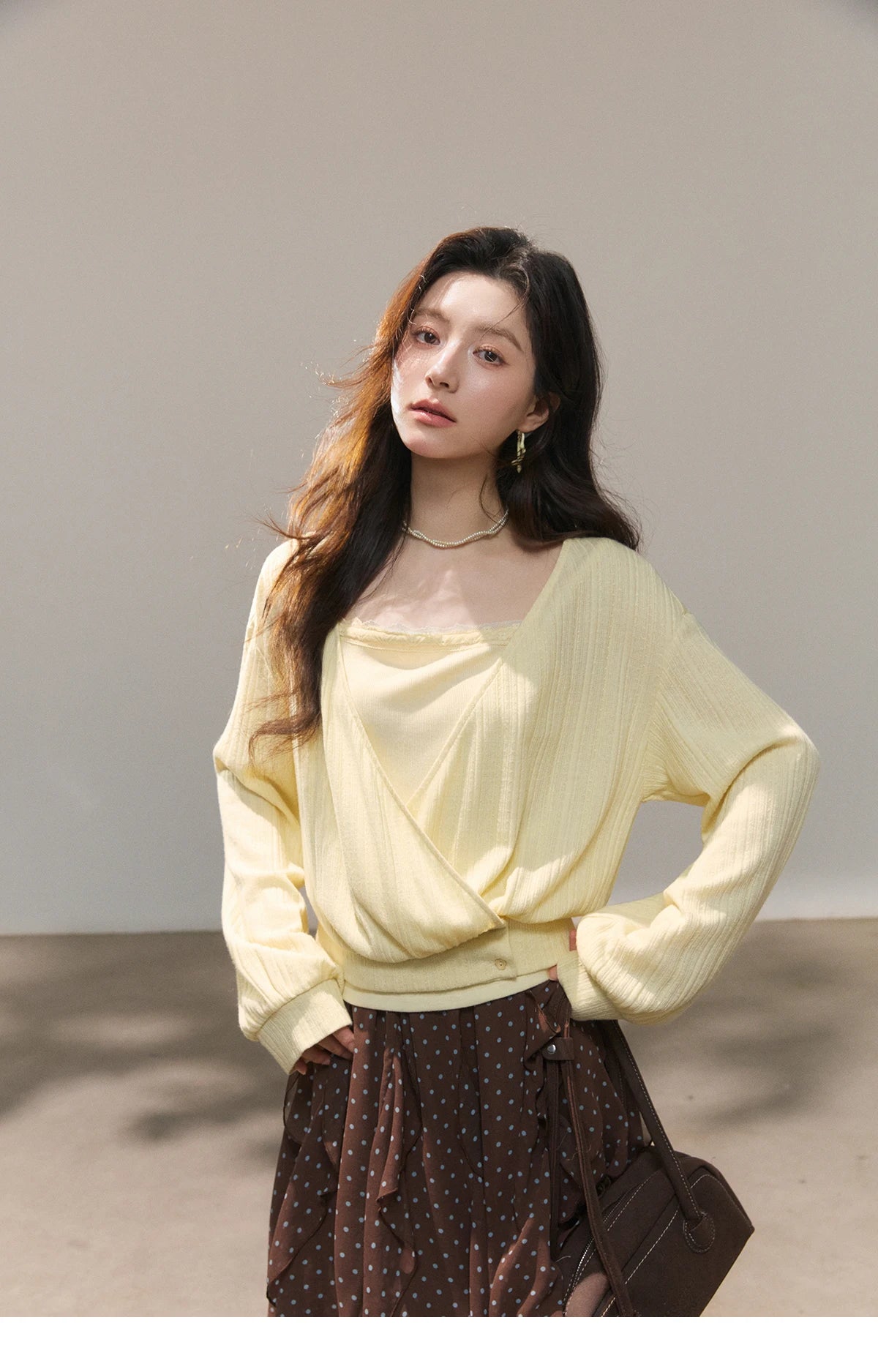 MISHOW Women's Lemon Yellow Two-Piece Set Spring Knitted Lantern Sleeve Pullover Tops Strap Lace Edge Camisole Set MXF13T1513