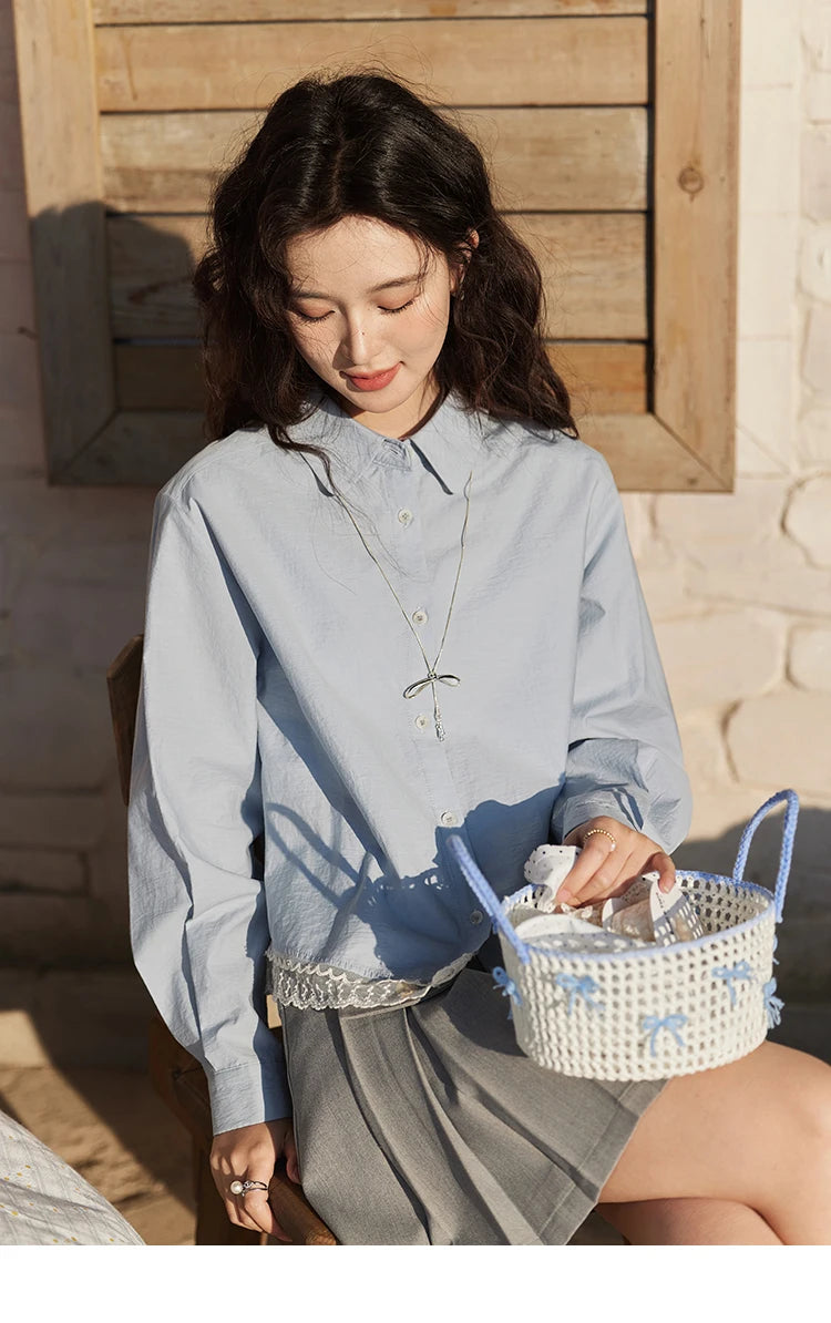 MISHOW Women's 100 Cotton Blue Shirt Spring 2025 Hem Lace Shirt Lapel Collar Commute Top Casual Solid Loose Shirts MXE12C0410