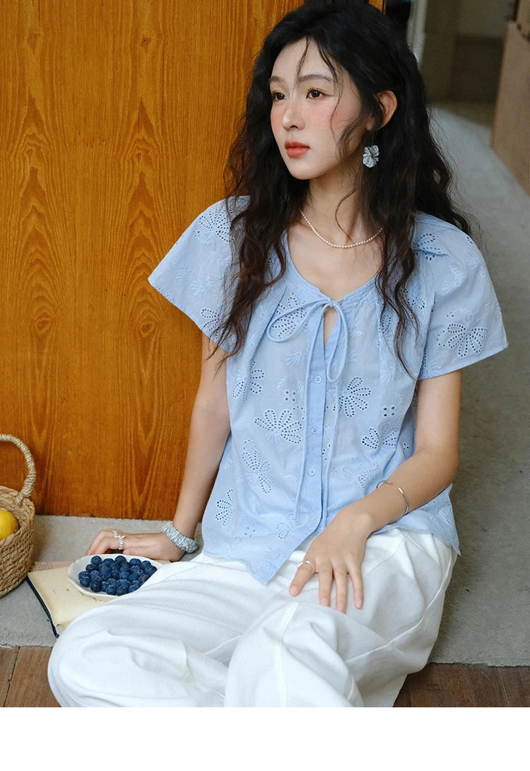 MISHOW Cotton Shirt O-Neck Button Lace Up Hollow Embroidery MXE37X1890