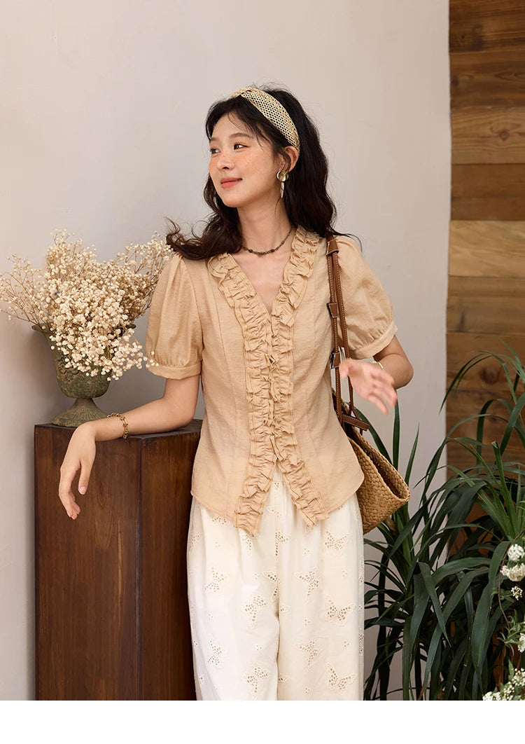 MISHOW V-Neck Blouse Puff Sleeve Fungus Edge Slim MXE35X1841