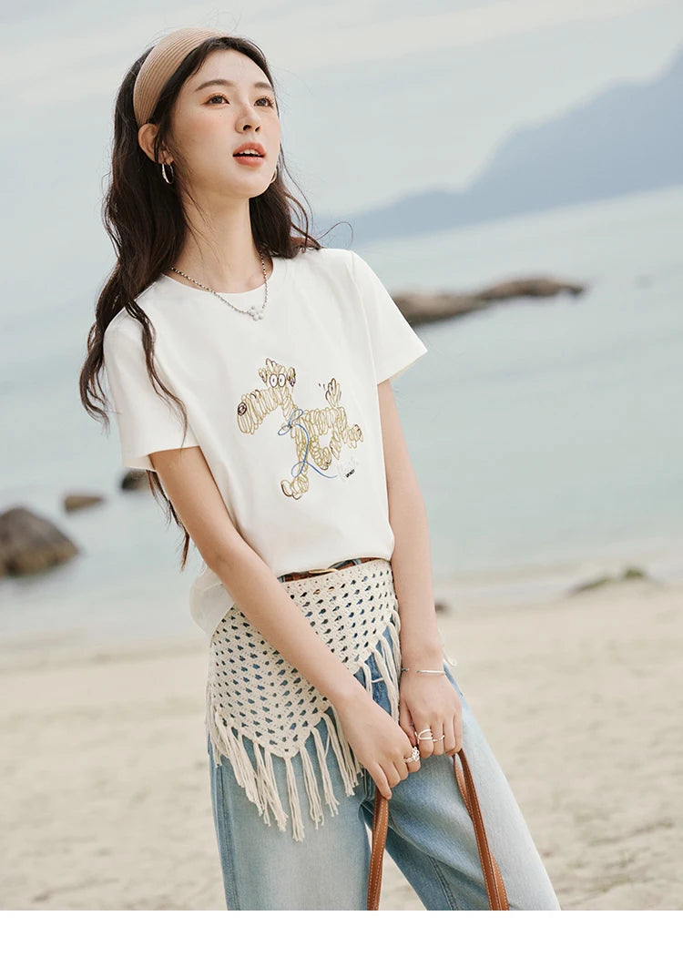 MISHOW Print Women‘s Summer T-shirts 2025 Short Sleeve Round Neck Loose Design Shirt Female Slim Embroidery Tops Lady MXE31T0550