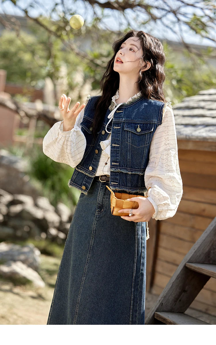 MISHOW Office Lady Spring Vest Female New Sleeveless Round Neck Raw Edge Denim Vests Women Fashion Retro Coat Woman MXE12W0710