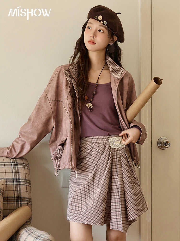 MISHOW Purple Plaid Short Skirt for Women Autumn 2025 Asymmetrical Patch Skirts Back Elastic Waist A-line Short Skirt MXE45B2411