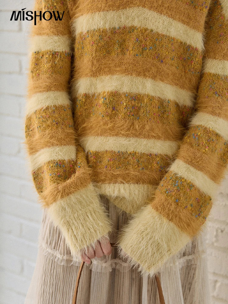 MISHOW Women's V-neck Knit Pullover Retro Yellow Striped Sweater 2025 Casual Faux Mink Jacquard Loose Knit Sweater MXE87Z2766