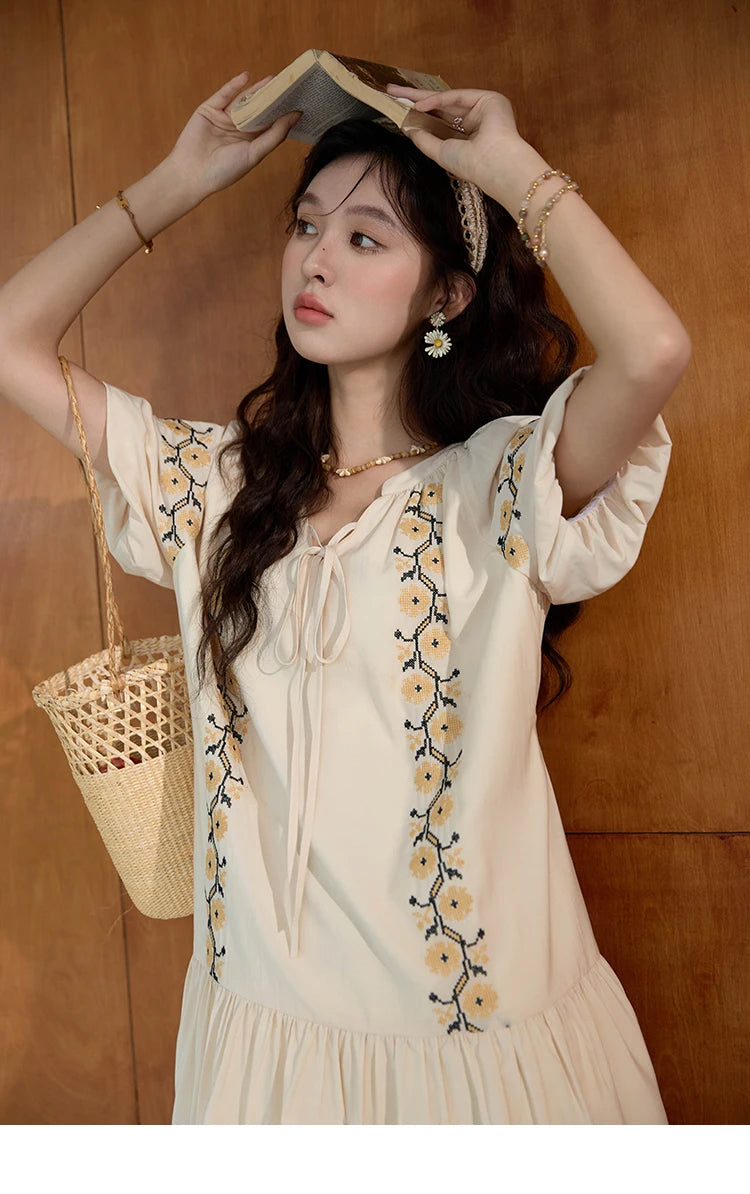 MISHOW Women's Ethnic Dress 2024 Summer Korean Sunflower Embroidery Puff Sleeve Dress V Neck Lace-up Doll Dresses MXD30L1959