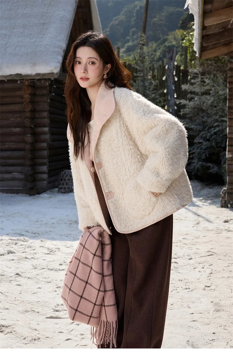 MISHOW Women's Double Sided Wearing Jacket 2025 Winter Lamb Wool Lapel Coat Warm Windproof Commuter Coat with Pockets MXE91W1015