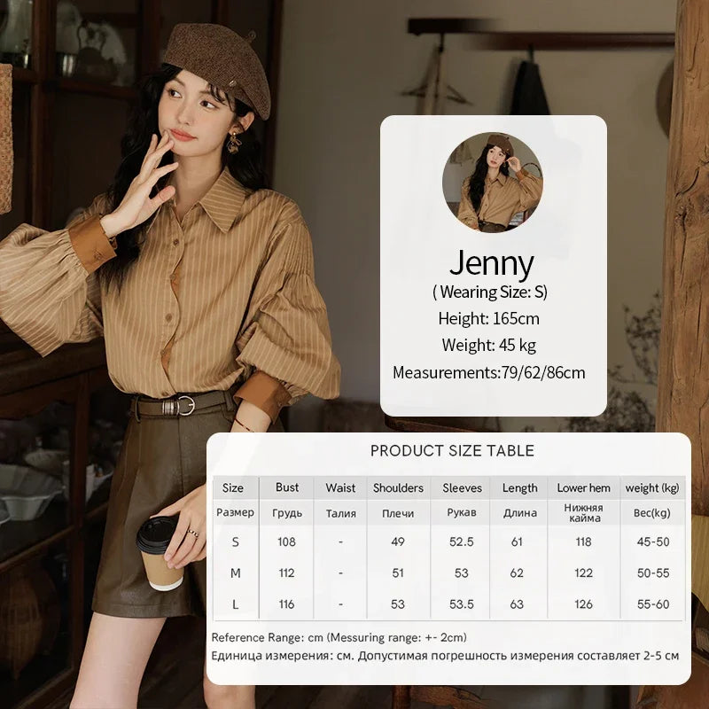 MISHOW Striped Casual Shirt for Women 2024 Autumn Retro Lapel Long Sleeve Top Contrasting Cuffs Shirts Office Lady MXD42C0301