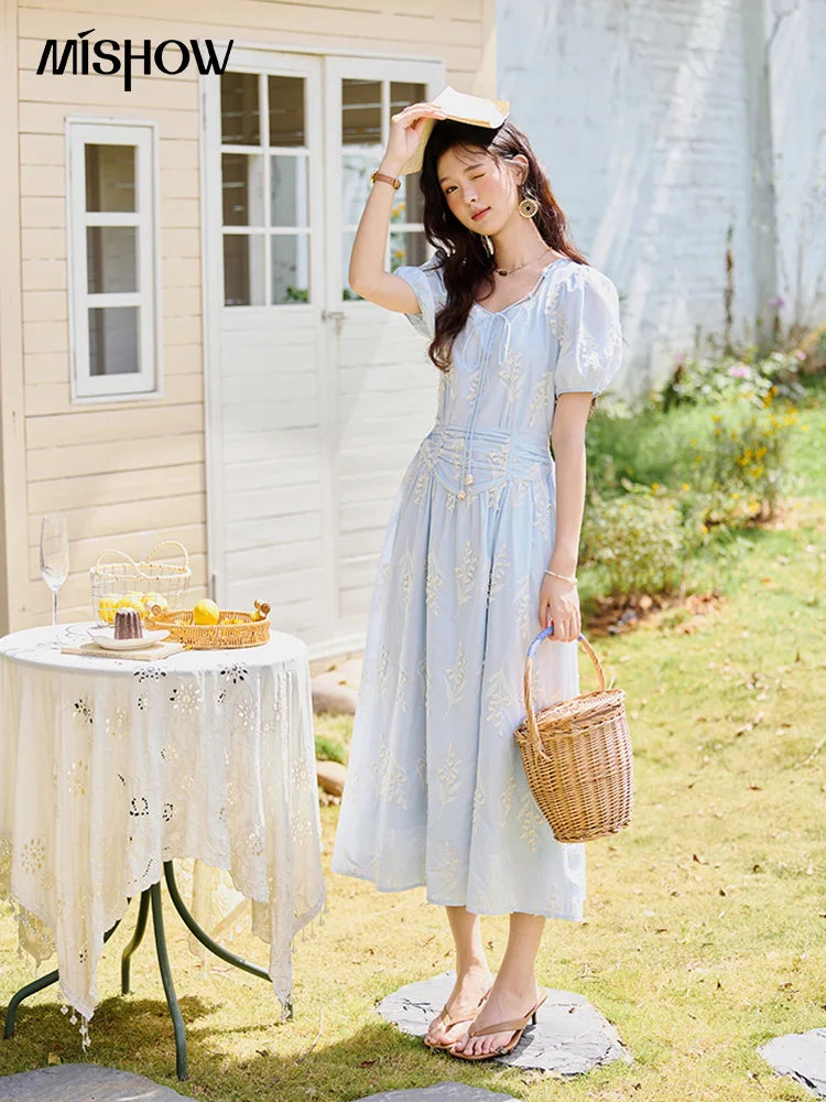 MISHOW Blue Square Neck Bubble Sleeve Dress for Women Summer 2025 Waist Vacation 100 Cotton Embroidered Long Dress MXE35L2234