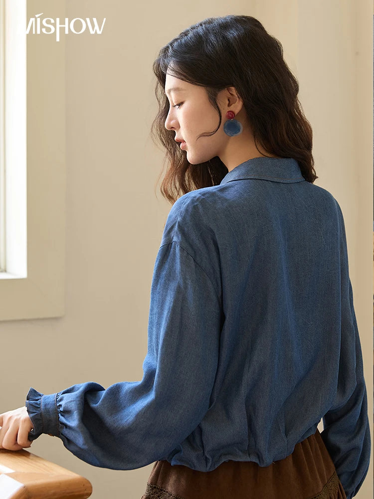 MISHOW Blue Lyocell Imitation Denim Shirt for Women Autumn 2025 Ruffled Placket Contrasting Button Waist Cinc Shirt MXE43C2386