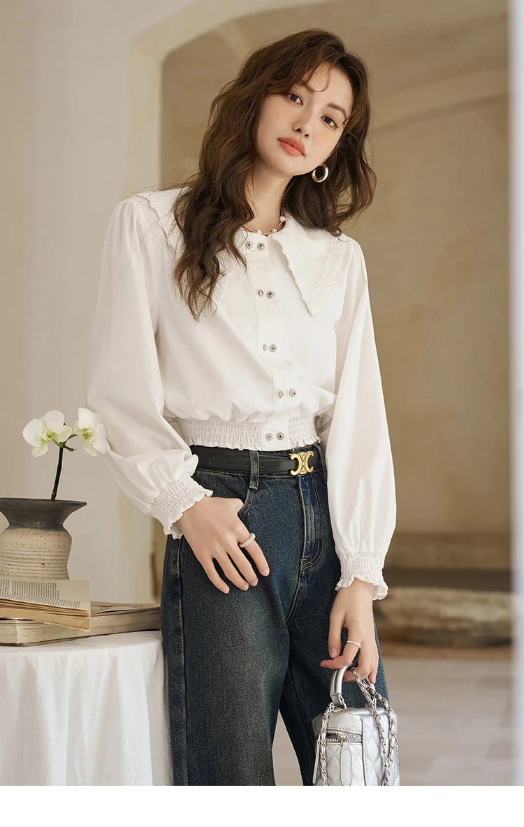 MISHOW Korean Doll Neck Shirt 2024 Spring Lace Patchwork Bubble Sleeve Elastic Hem Double Breasted Solid Short Tops MXD12C0164