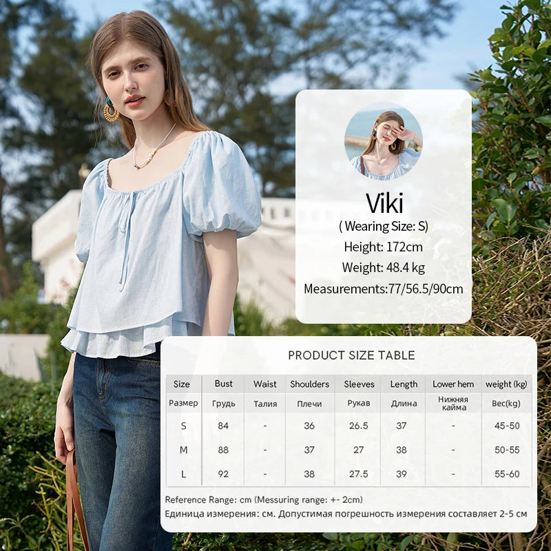 MISHOW French Square Neck Tied Lantern Sleeve Blouses 2025 Summer Double Layered Hem Puff Sleeve Solid Sweet Tops MXD26X1551