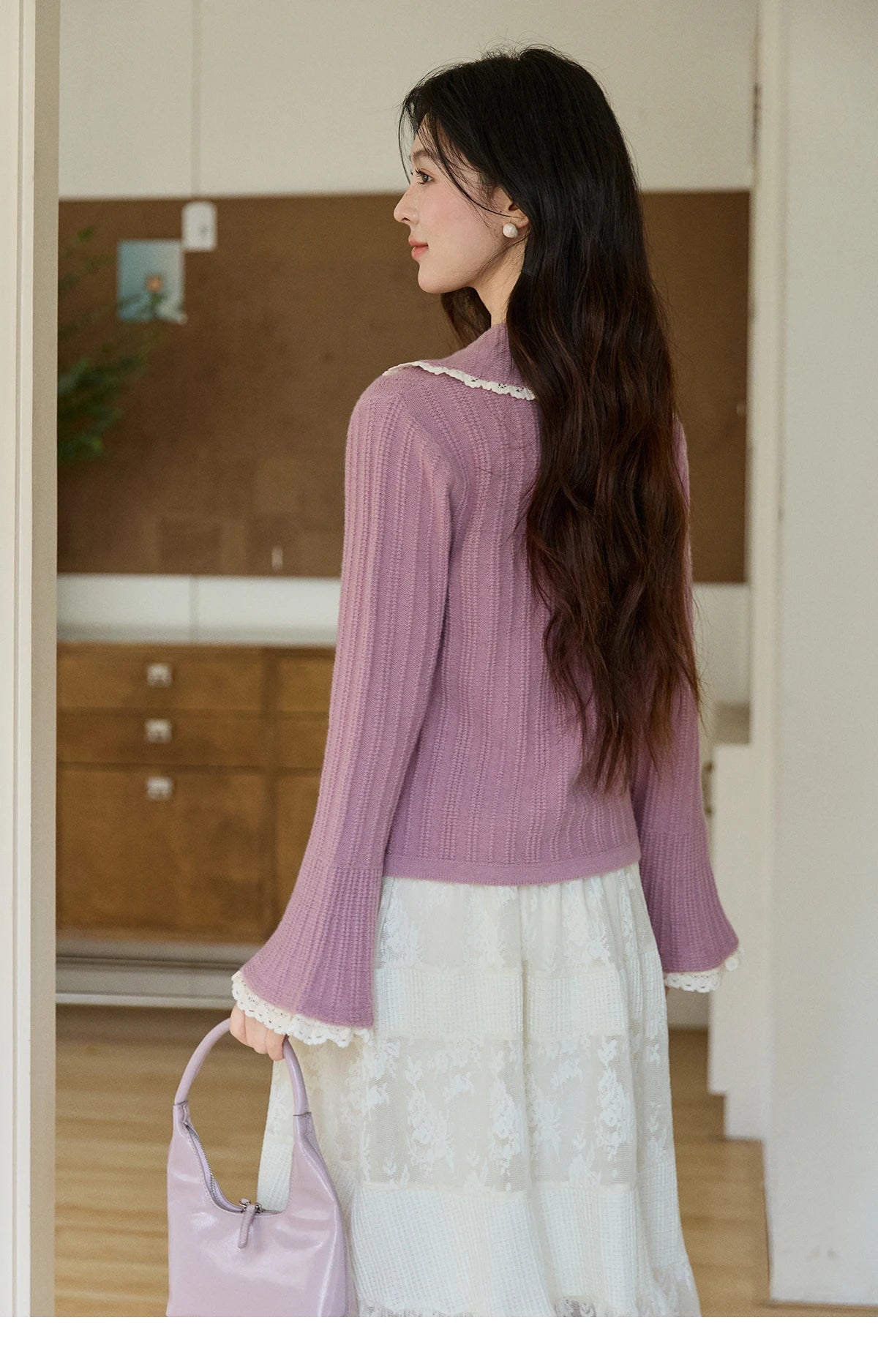 MISHOW Women's Lilac Flare Sleeve Knitted Cardigan 2026 Spring Peter Pan Collar Lace Trim Long Sleeve Slim Casual Top MXF11Z2994