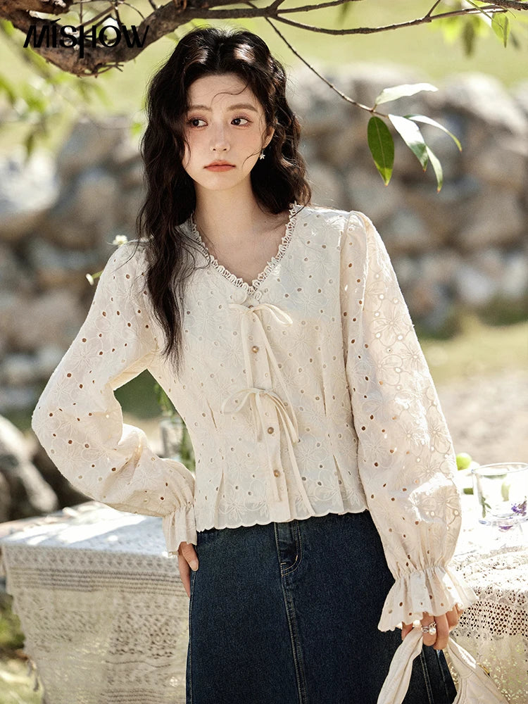 MISHOW Hollow Lace Shirt for Women Spring 2025 French Retro Lace100 Cotton Shirt V Neck Waist Elastic Cuffs Blouses MXE12X1710