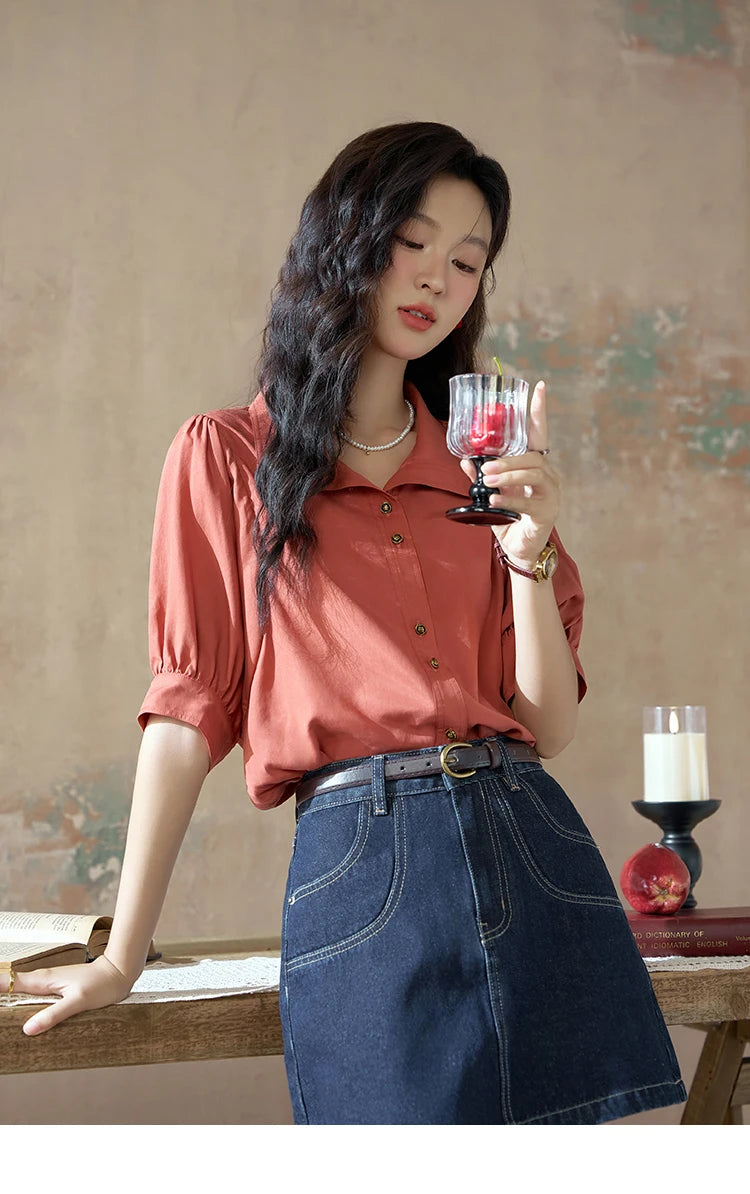 MISHOW Women's Short Sleeve Shirt Summer Thin Casual Simple Loose Elegant Blouses for Women 2024 Fashion Lapel Tops MXD28C0247