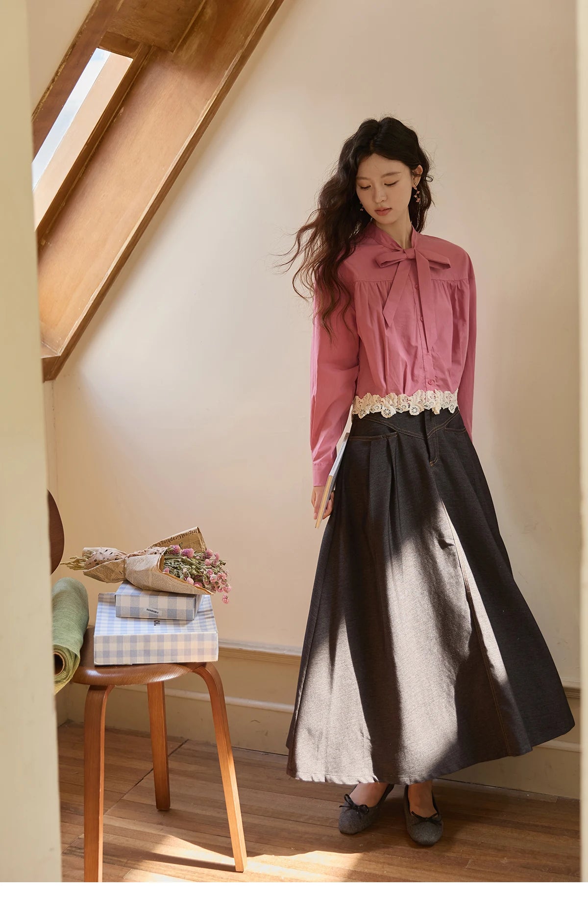 MISHOW Women's Rose Red Stand Collar Shirt 2025 Autumn Bow Tie Hem Splicing Lace Tops Elegant Shirts Office Lady MXE43C2380