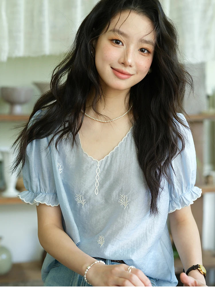 MISHOW Women's Coral Embroidery Summer Blouse 2025 New Fashion V-neck Puff Sleeve Blouse Casual Women's Clothing MXE37X1850