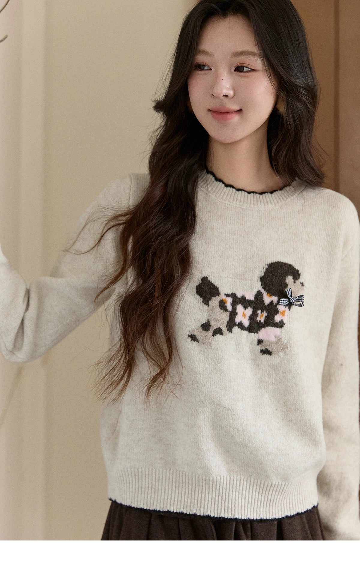 MISHOW Women's Burgundy Knitted Sweater 2025 Winter Poodle Pattern Ruffled Trim Crew Neck Sweater Warm Pullover Tops MXE93Z2949