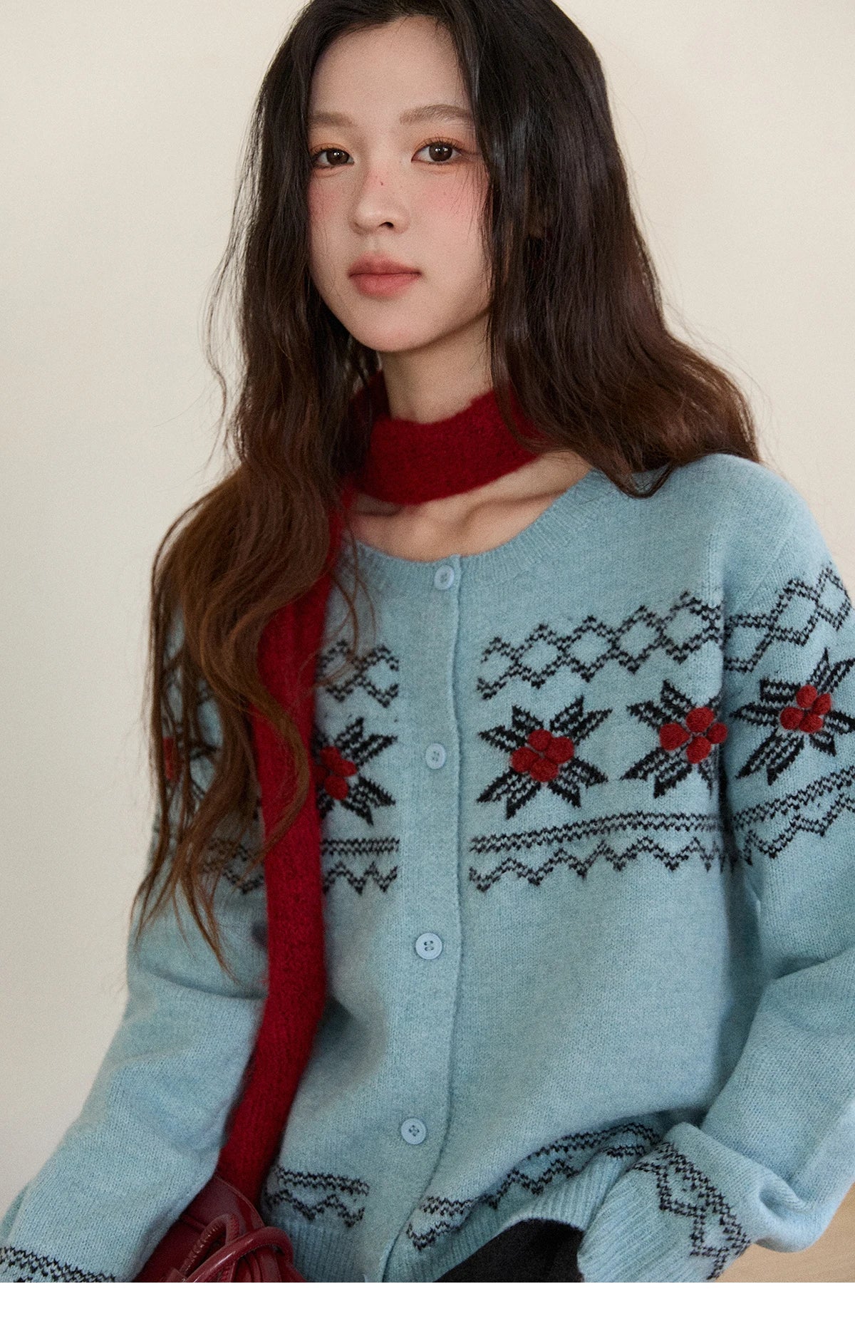 MISHOW Women's Geometric Jacquard Fair Isle Sweater 2025 Winter Retro Blue O-Neck Single-breasted Commuter Cardigan MXE86Z2734