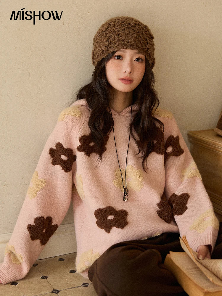 MISHOW Women's Floral Hooded Thick Sweater 2025 Loose Comfortable Pink 3D Jacquard Casual Long-Sleeved Pullovers MXE90Z2786