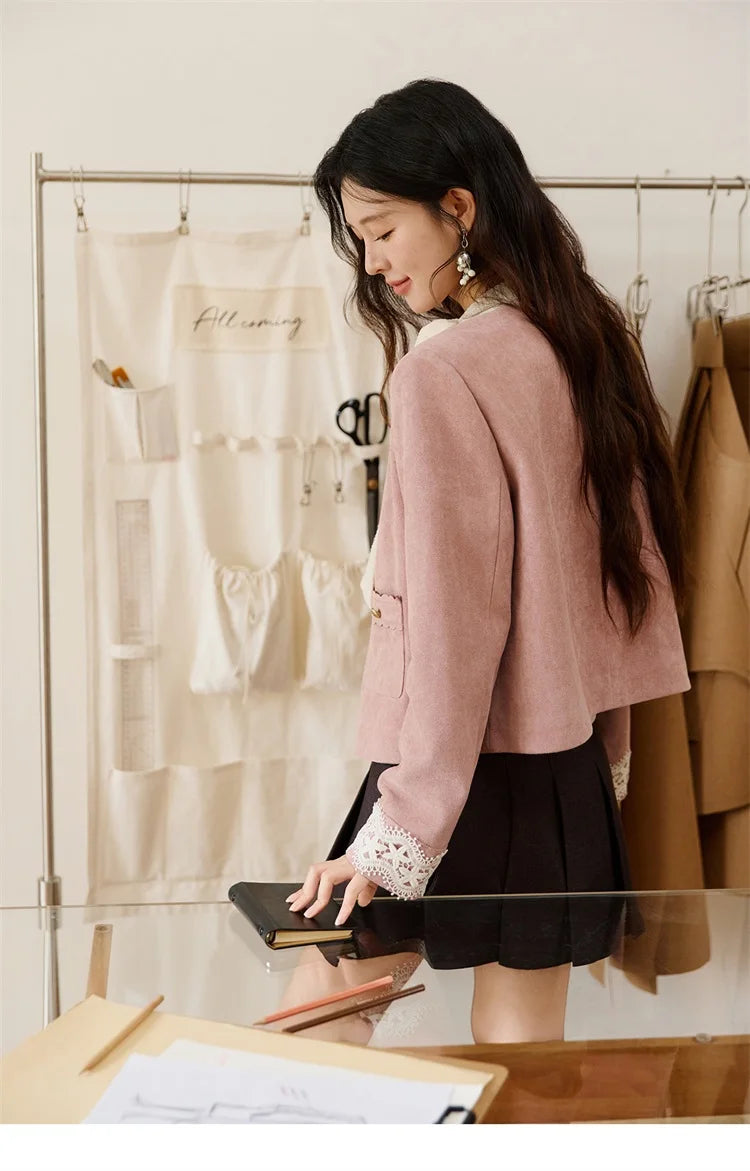 MISHOW Fragrant Suede Jacket for Women Autumn 2025 Cuffs Hollowed Out Lace Short Coats O-neck Metal Button Jackets MXE46W0839