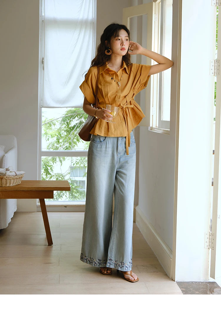 MISHOW Women's Casual Shirt 2025 Summer New Lace Up Button Turn-Down Collar Top Retro Orange Shirt Women's Clothing MXE37C0809