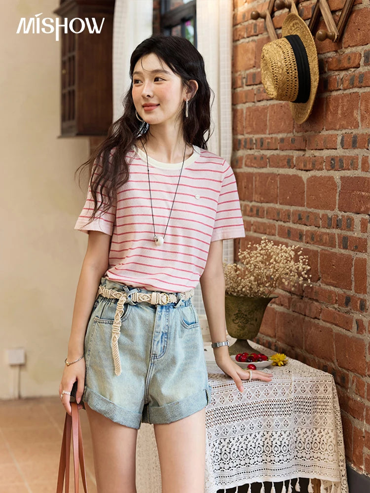 MISHOW Retro Light Blue Denim Shorts for Women Summer 2025 Fashion High Waist Washed Button Zipper Wide Leg Shorts MXE35K0944