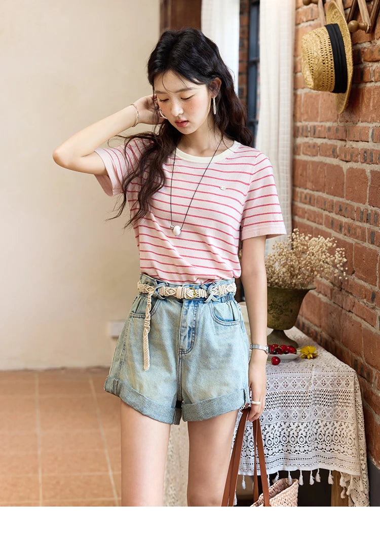 MISHOW Retro Light Blue Denim Shorts for Women Summer 2025 Fashion High Waist Washed Button Zipper Wide Leg Shorts MXE35K0944