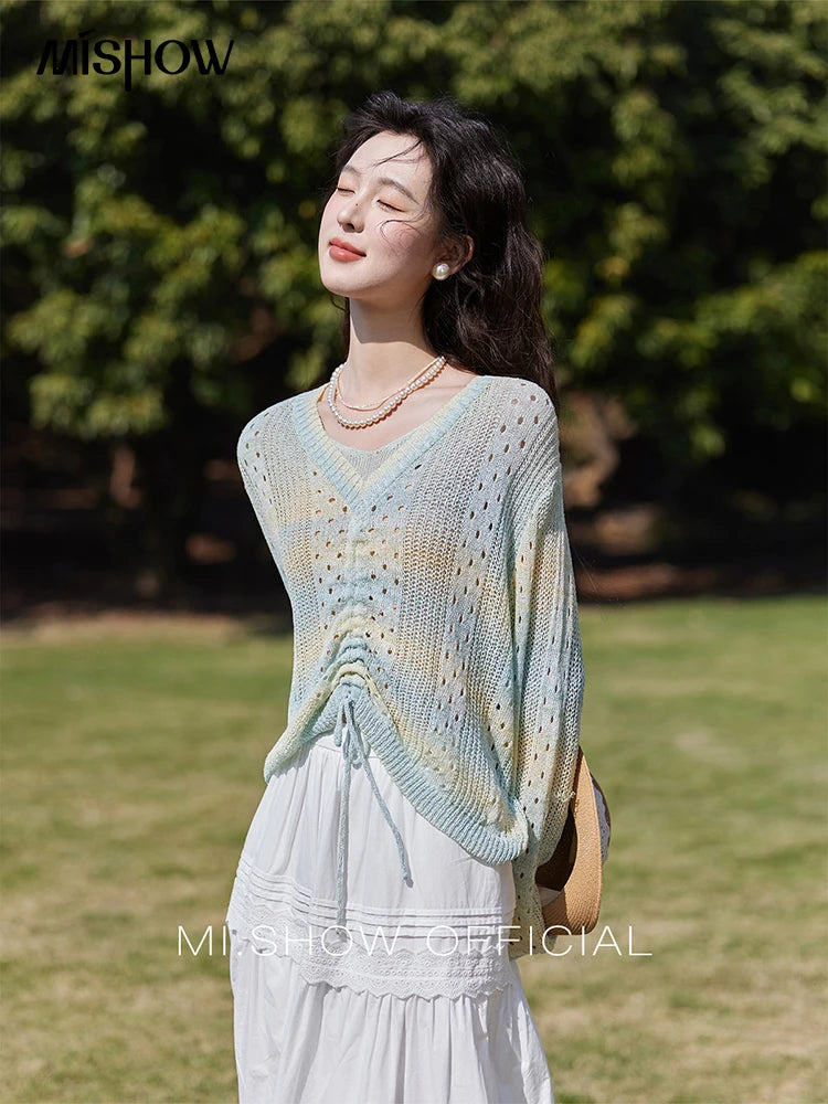 MISHOW Gradient Blue Green Knitted Sweater Women 2025 Autumn Long Sleeve V-neck Drawstring Tops New Fashion Sweaters MXE16Z1171