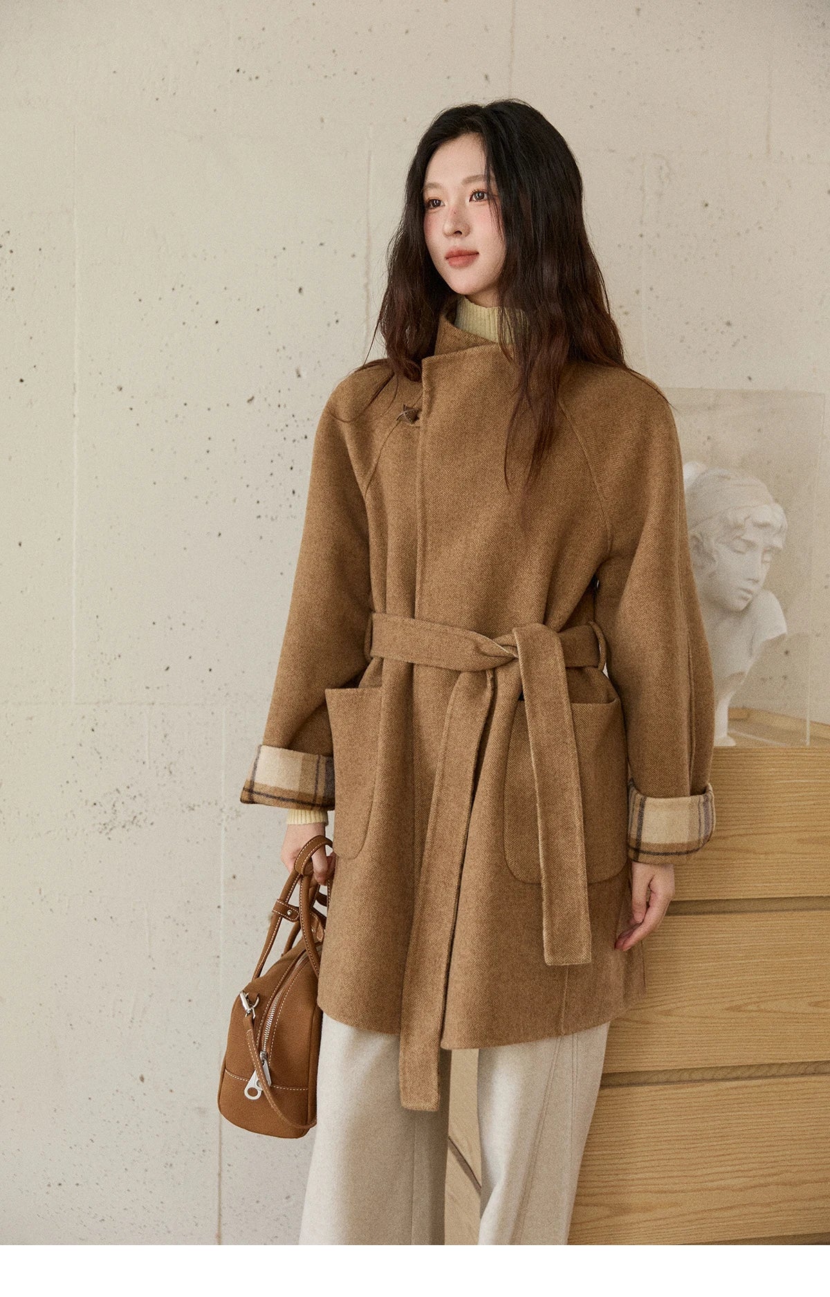 MISHOW Plaid Double-faced Wool Coat Women 2025 Winter Retro Lapel Single Buckle Loose Mid-length Coat Woman Clothes MXE89W0898