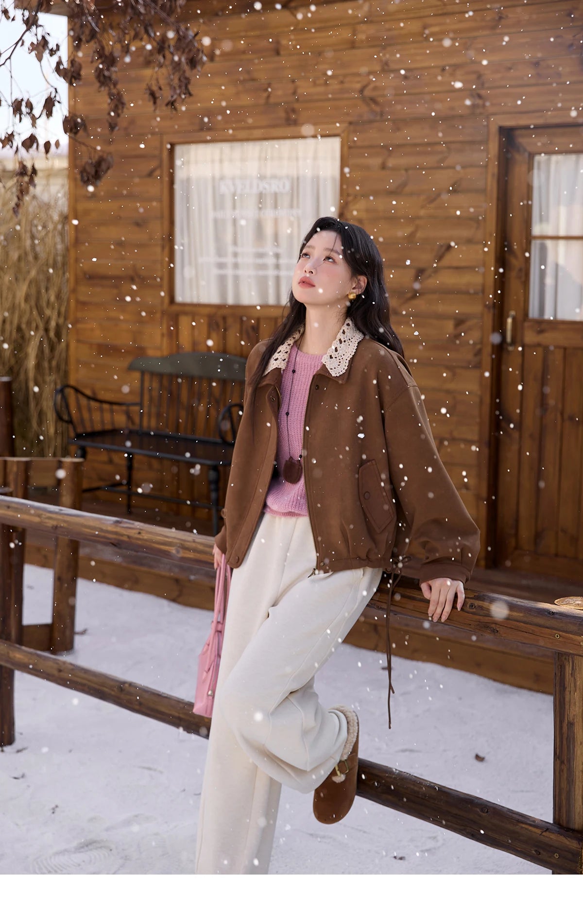 MISHOW Brown Jacket for Women 2025 Autumn Winter Retro Detachable Lace Collar Drawstring Hem Jacket Women's Clothing MXE45W0846