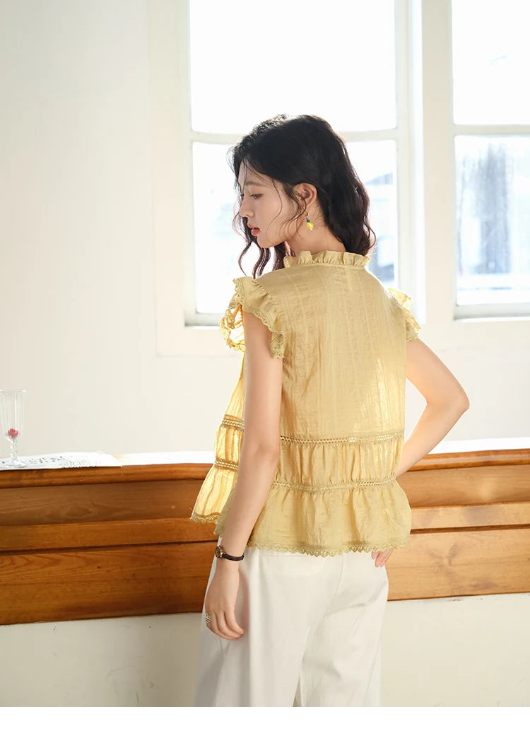 MISHOW Women's Summer Shirt 2025 New Wood Ear V-neck Flying Sleeve Shirt Casual Wrinkle Spliced Button Ladies Top MXE37X1908