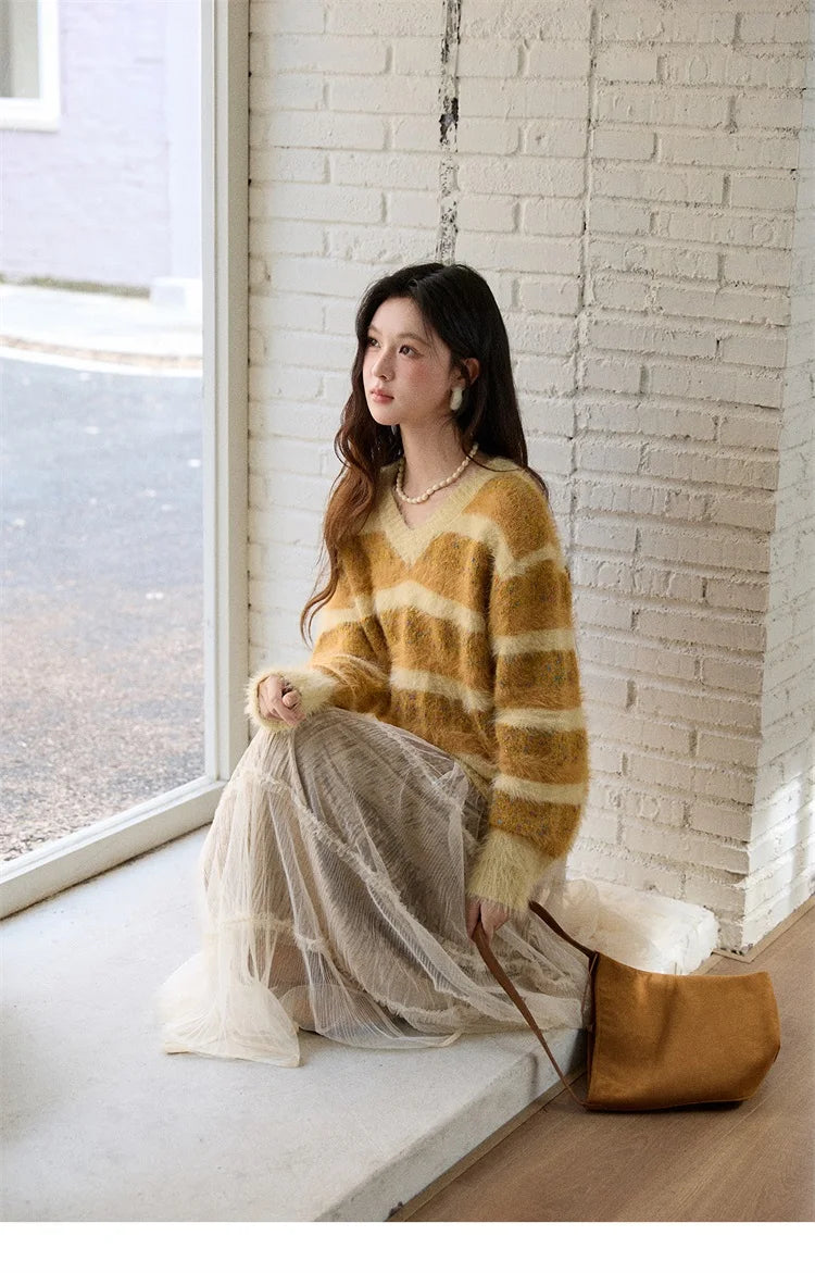 MISHOW Women's V-neck Knit Pullover Retro Yellow Striped Sweater 2025 Casual Faux Mink Jacquard Loose Knit Sweater MXE87Z2766