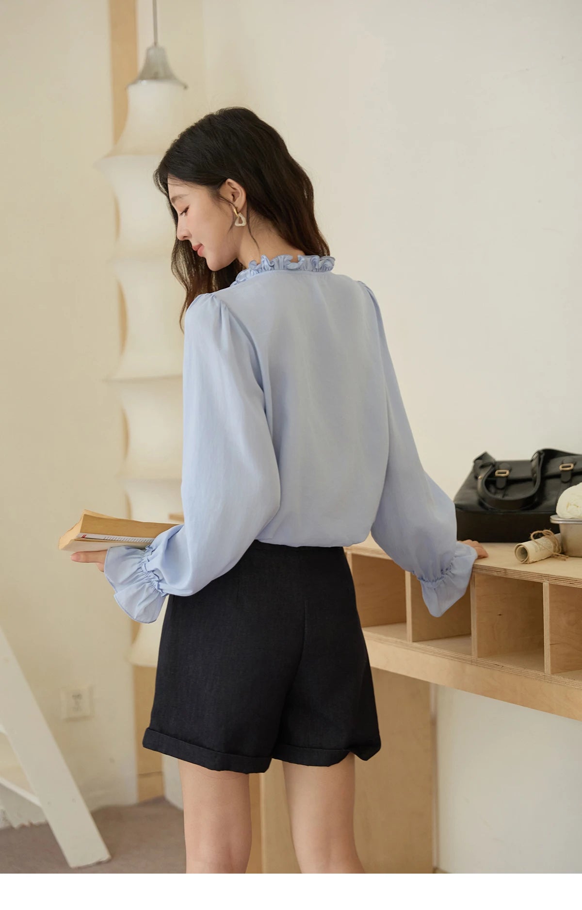 MISHOW 100% Lyocell Women's Blue Shirt 2025 Autumn French Ruffles Long Sleeves Ties Blouse Office Lady Elegant Top MXE45X2484