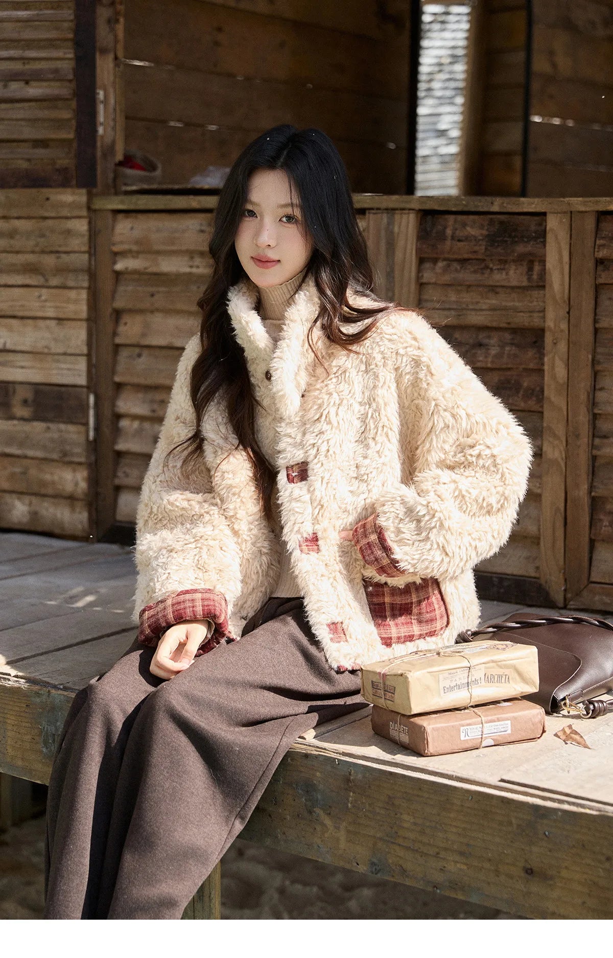 MISHOW Christmas Women's Reversible Retro Red Plaid Lamb Wool Coat 2025 Winter Loose Warm Fur-Lined Lapel Outerwear MXE93W1009