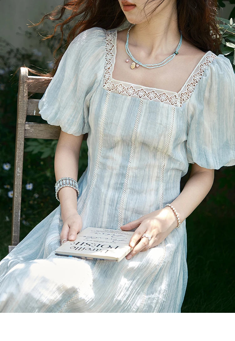 MISHOW Women's Summer Dress 2025 New Fashion Striped Square Neck Spliced Lace Hollow Out Dress Waist Lace Up Dresses MXE39L2403