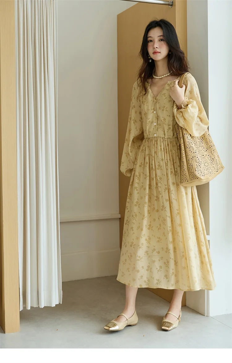 MISHOW Yellow Printing Dress for Woman 2025 Autumn Elegant Lace Lantern Sleeve Waist Slim Long Dress V-neck Dress MXE47L2527