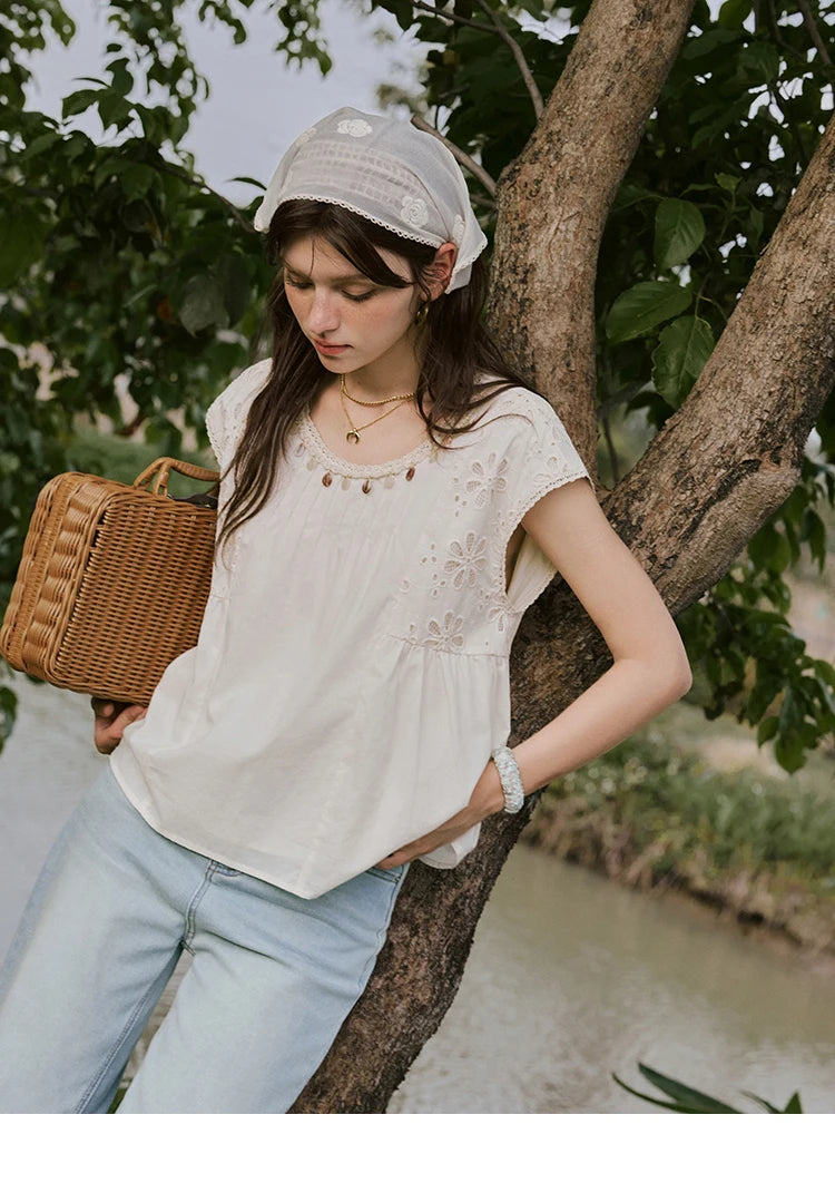 MISHOW French Summer Elegant Blouses Women 2025 Solid Short Flying Sleeve Round Neck Hollow Lace Shirts Woman Fashion MXE33X1778